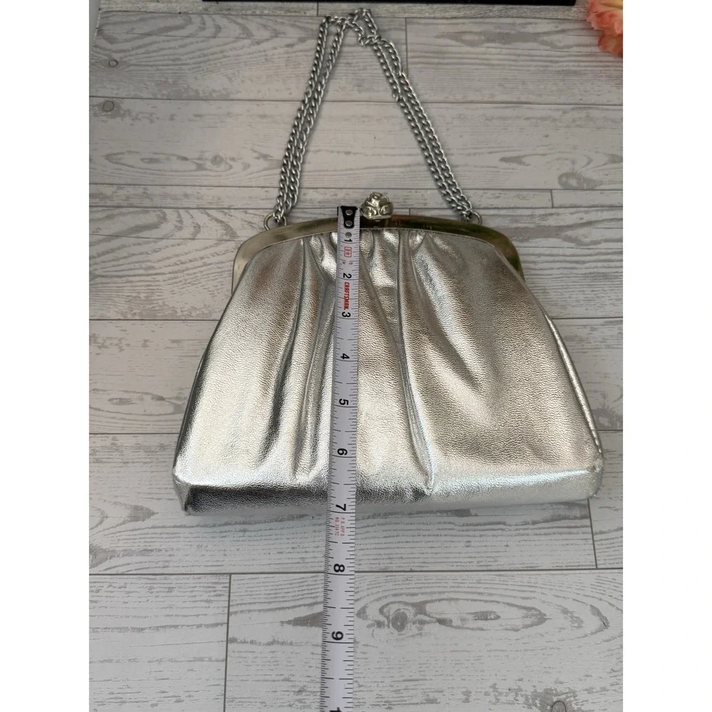 Vintage 1960s Silver Evening Bag Metal Rose Clasp Double Chain Handles Lined GUC